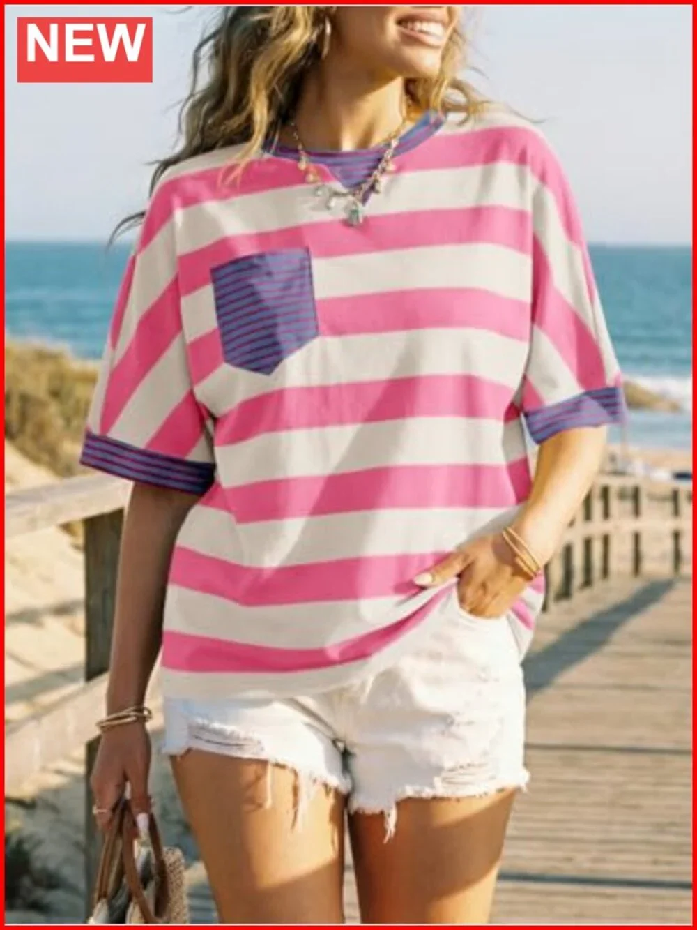 Womens Summer Color Block Striped Oversized T-Shirt Casual Short Sleeve Y2K Tee